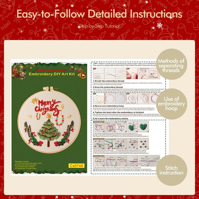 wtisan Christmas Embroidery Kits: 1 Pack Cross Stitch Kit for Beginners Adults, DIY Ornaments Craft Kit with All Tools & Instructions, Stamped Hand Embroidery Starter Kit for Holiday Crafts & Xmas Home Decor - Image 2